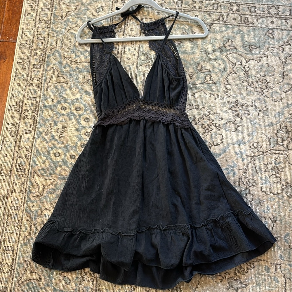 Black lace babydoll dress swim coverup, satin lining, tie back, size M
